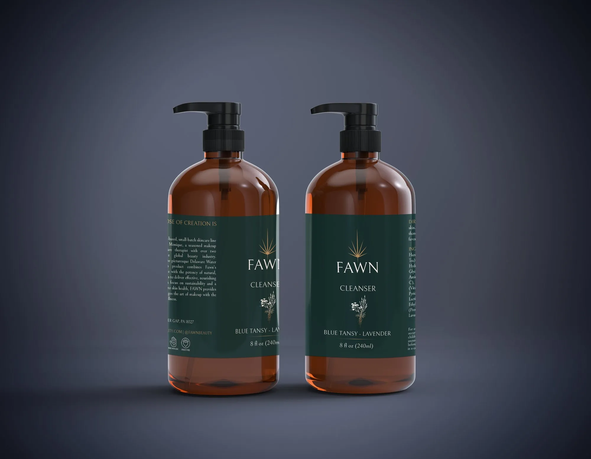 Two amber pump bottles of Fawn cleanser, labelled and lit against a deep blue-grey background.
