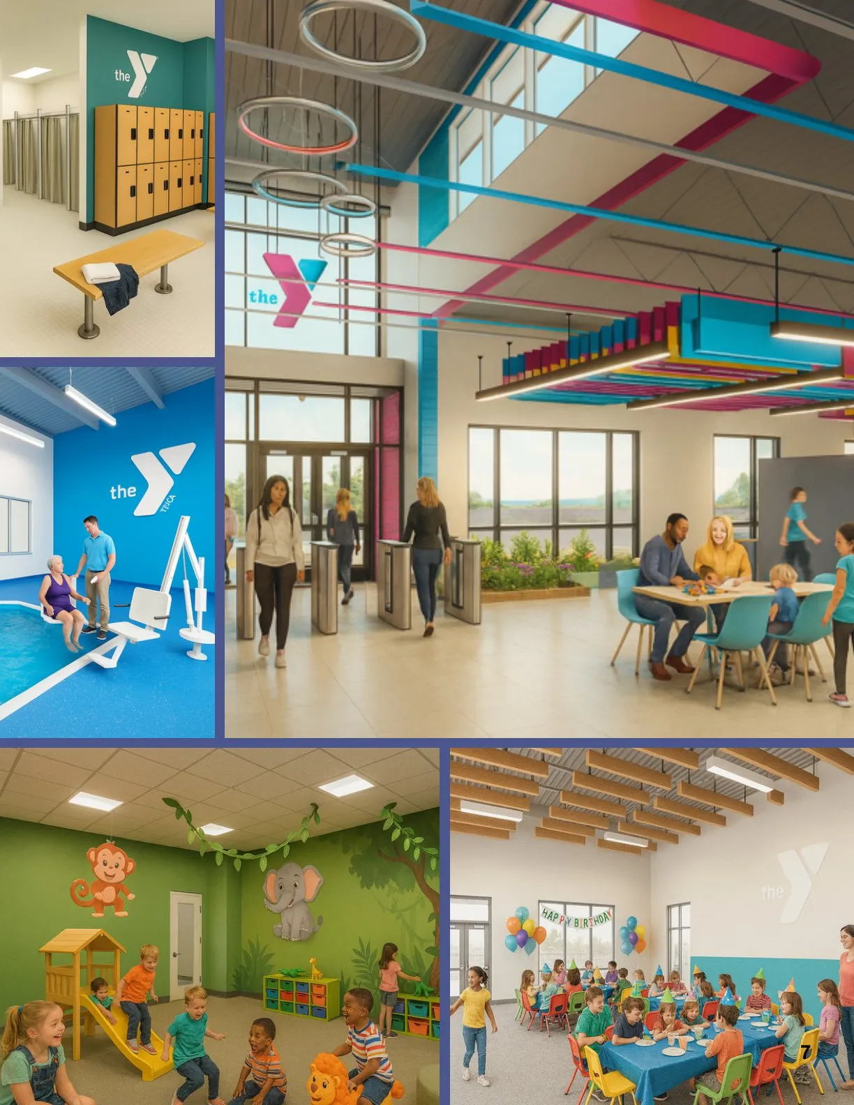 Five interior renderings of the renovated YMCA: a locker room, an accessible pool lift, the lobby entrance with a family at a café table, a children's play space with a jungle mural, and a community room set for a birthday party.