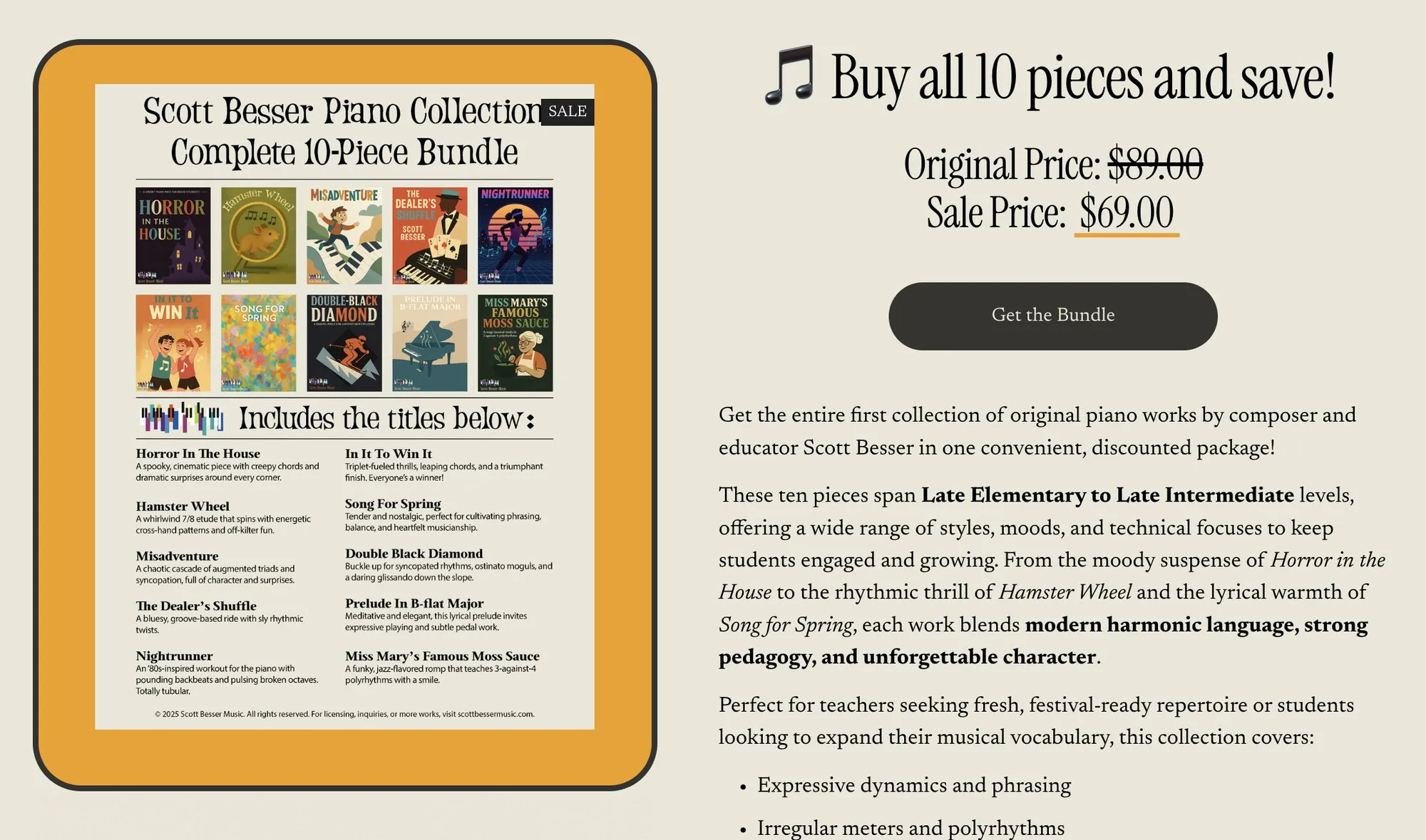 The Scott Besser Music shop, offering the complete ten-piece piano collection as a discounted bundle beside a grid of the cover designs.