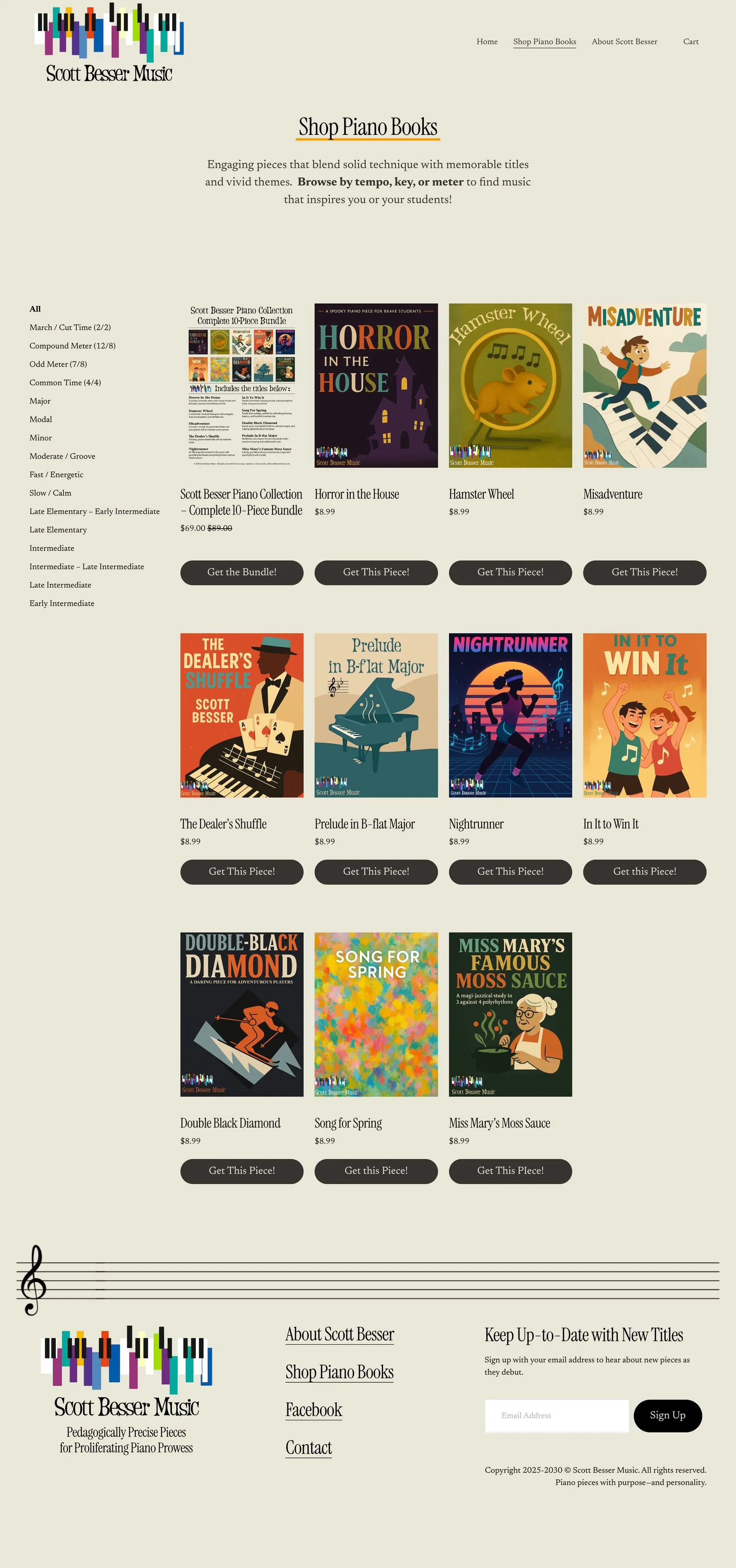 The Scott Besser Music shop page, listing sheet music products with cover art and prices.