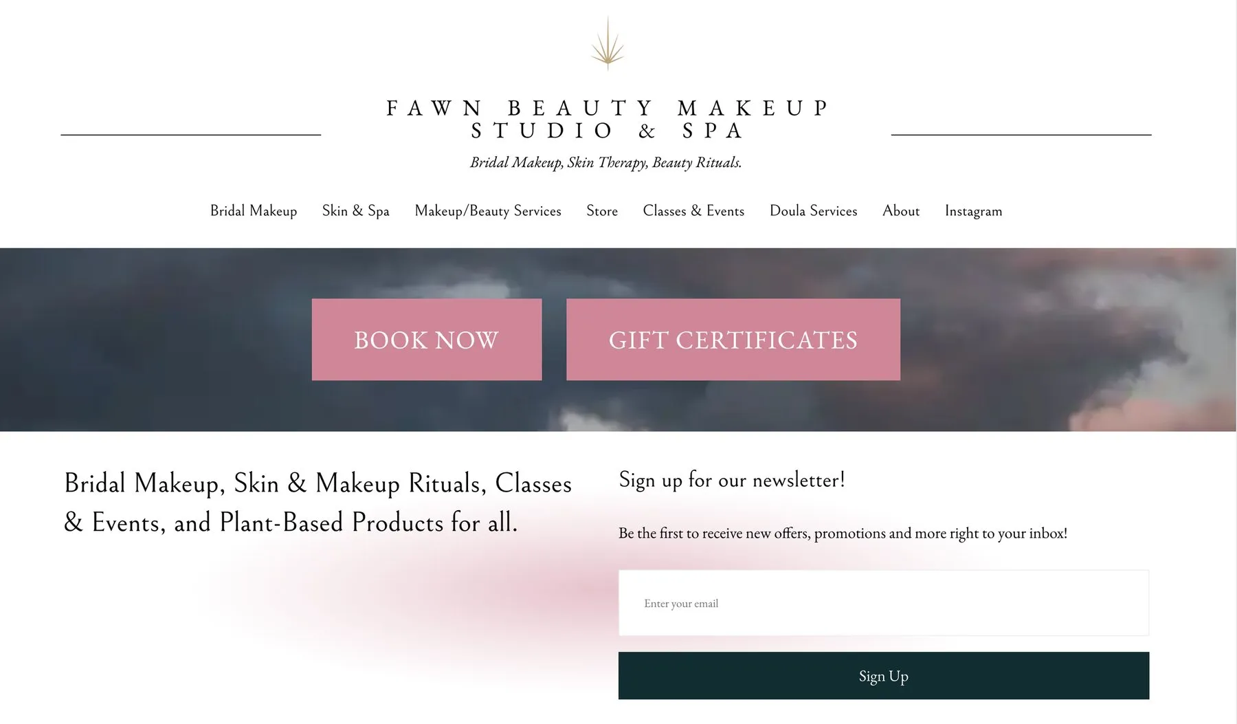 The Fawn Beauty Makeup Studio & Spa homepage, with a serif wordmark, service navigation, and Book Now and Gift Certificates buttons above a newsletter signup.